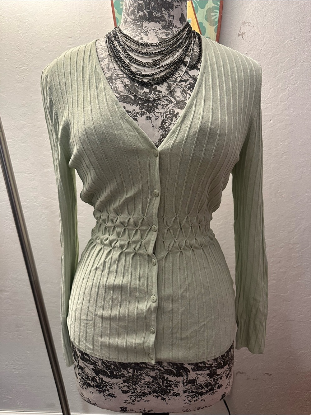 Max Studio Light Sage Ribbed V-Neck Button Cardigan - Picture 2 of 4